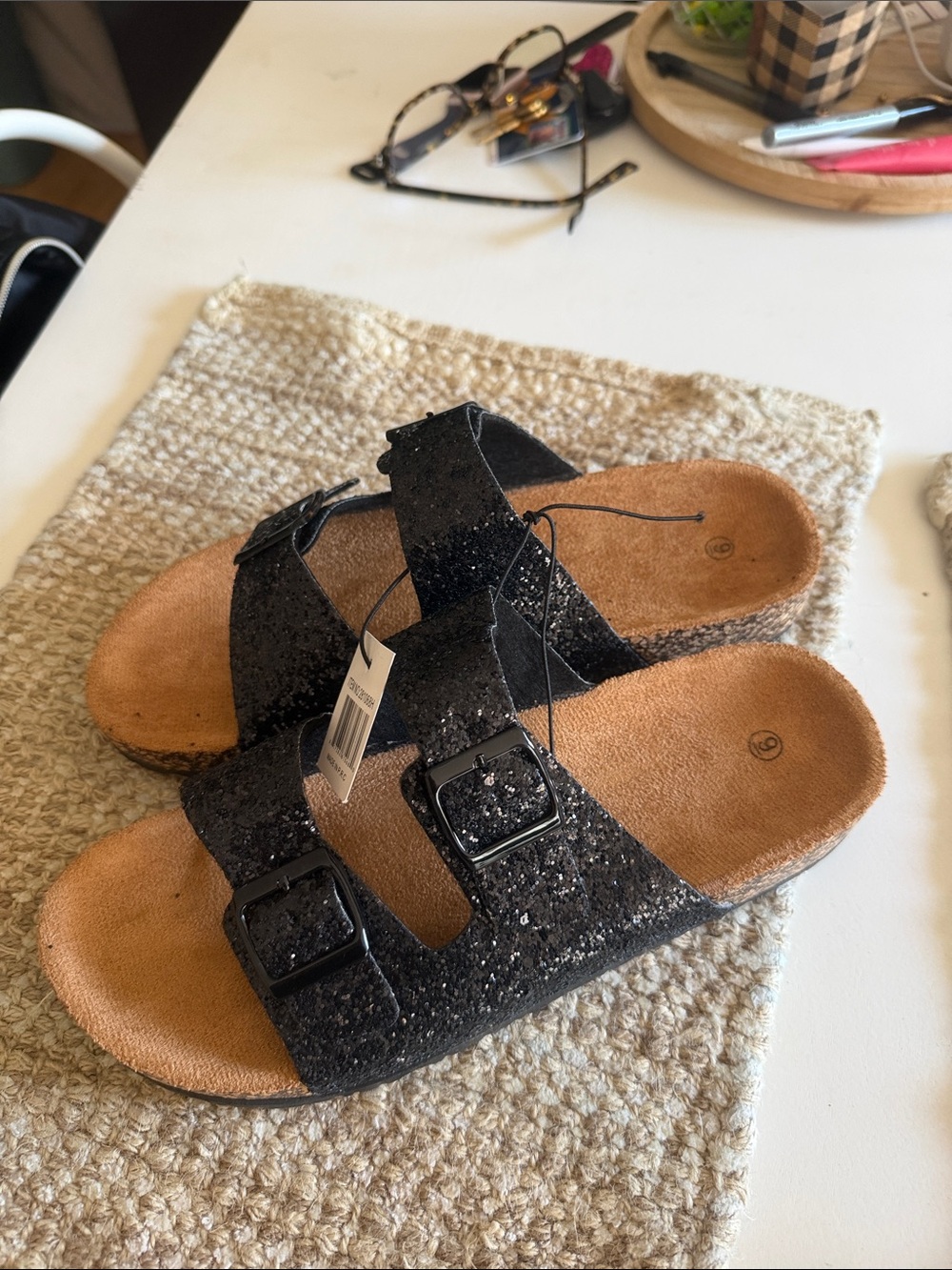 Black Glitter Double Buckle Slide Sandals